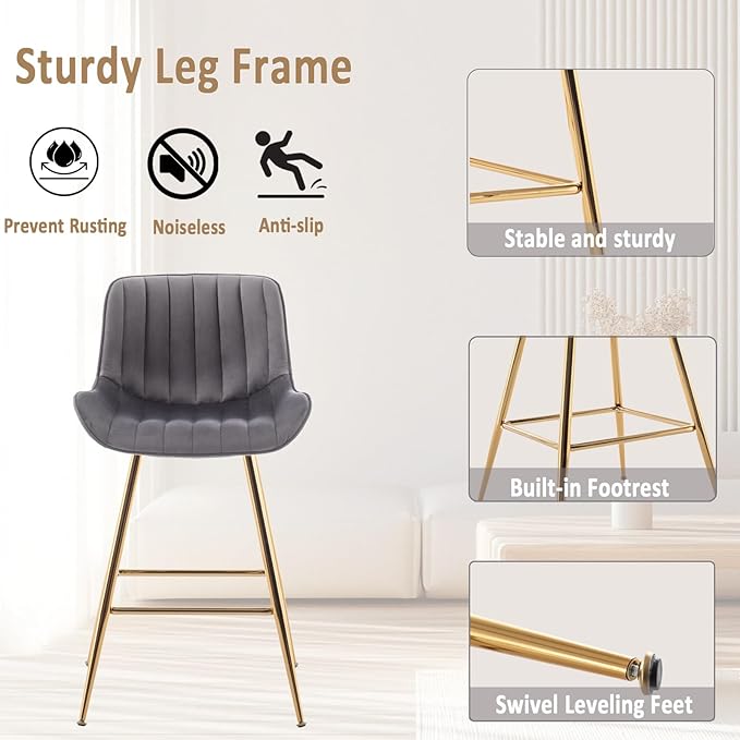 Sidanli Gold Bar Stools, 24” Velvet Barstools, Kitchen Chairs Set of 2 - Image 6