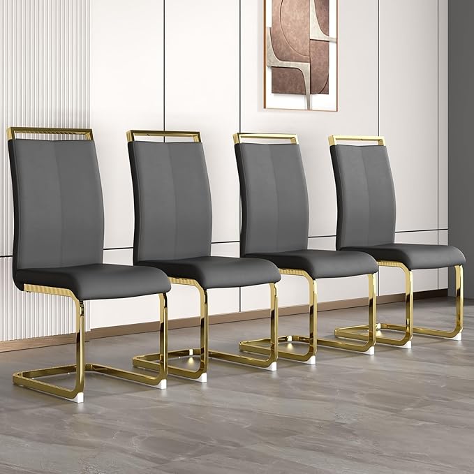Modern Dining Chairs Set of 4, High Back Grey Kitchen Chairs, Faux Leather Side by Gopop