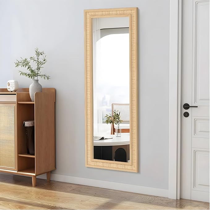 Rattan Wall Mirror with Wooden Framed 18 X 48 inch Farmhouse Rectangle Wood - Image 3