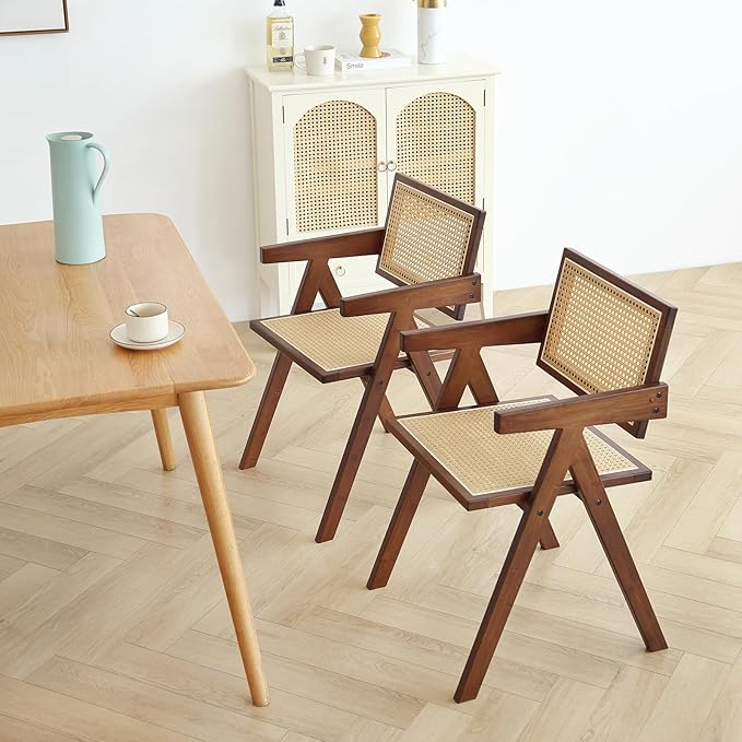 Tiita Rattan Dining Chairs Set of 2, Mid Century Modern Armchairs, Wooden - Image 8