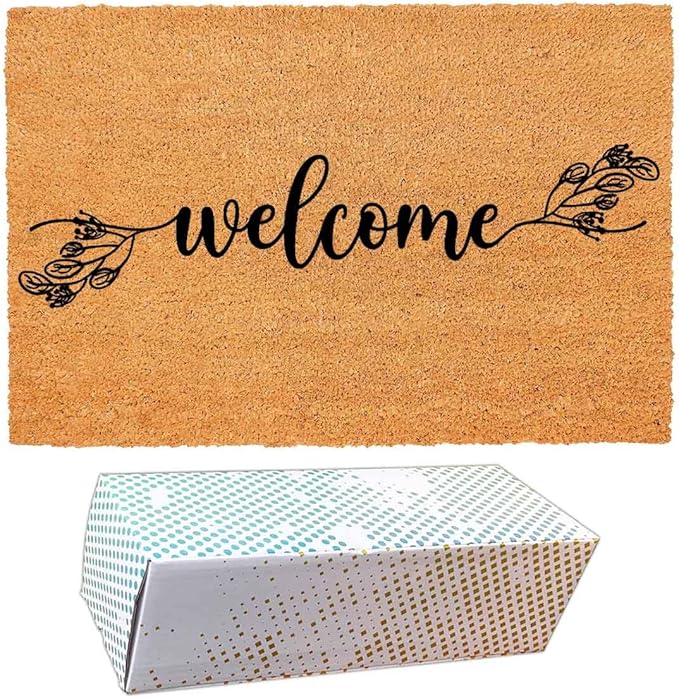 Funny Coir Doormat with Welcome Floral Design Botanical Theme by FNDMCTPS