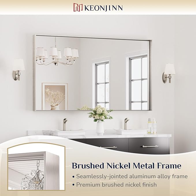 Keonjinn 60 x 36 in Brushed Nickel Bathroom Mirror, Rectangular Metal Framed - Image 6