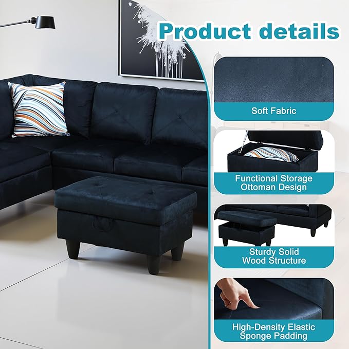 L Shaped Couch Modern Sectional Couch Upholstered Microfiber Fabric 3 Pieces - Image 5
