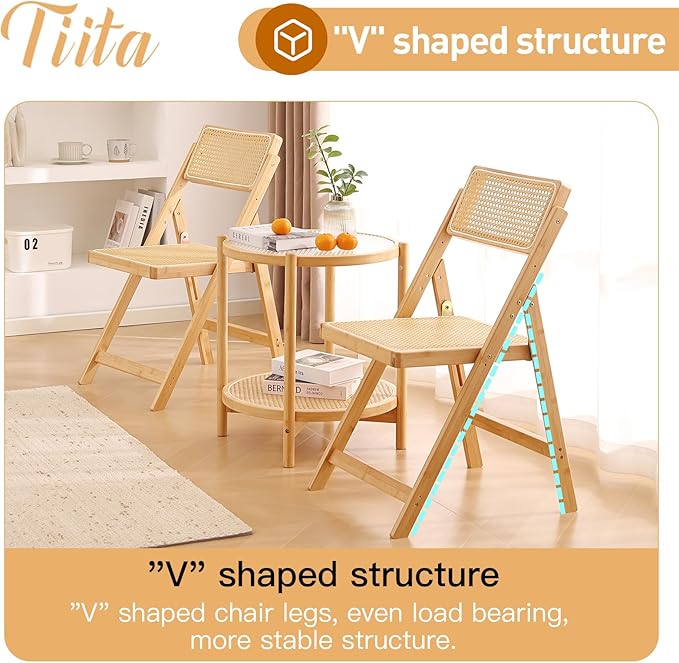 Tiita Rattan Dining Chairs Set of 2, Mid Century Modern Folding Chair, Bamboo - Image 8