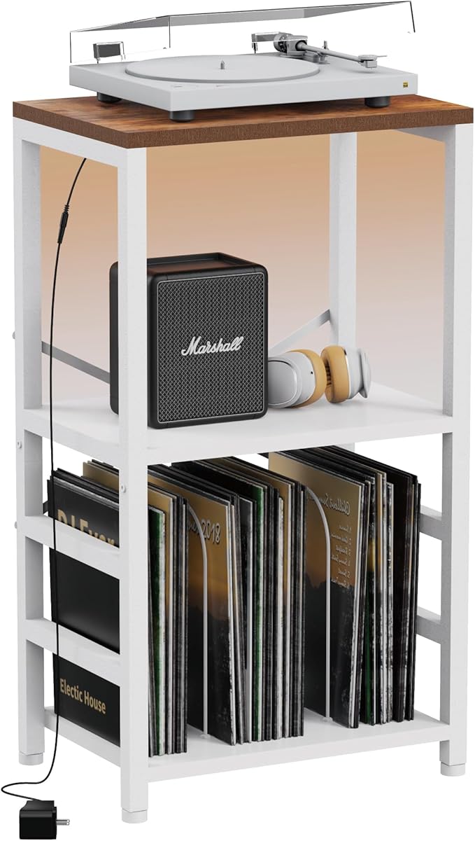 End Table with LED Light, Record Player Stand with Albums Storage, Vinyl by YAKANJ