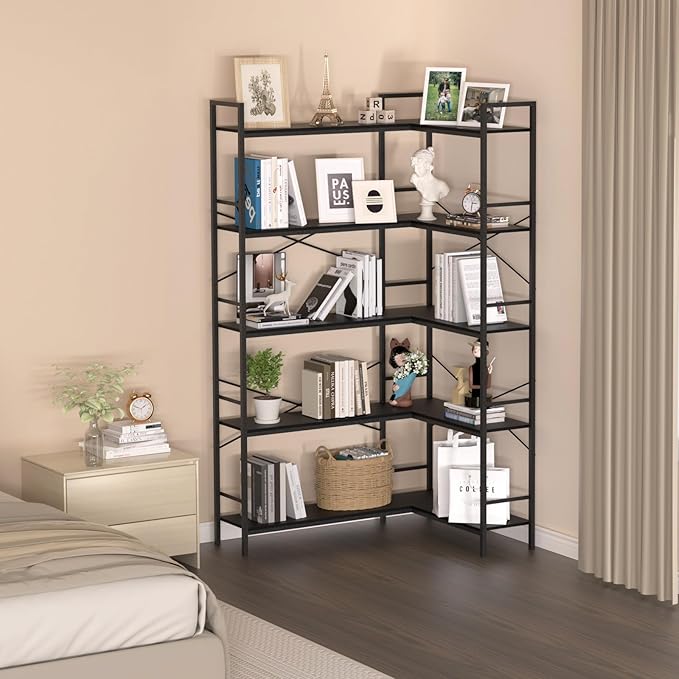 Black Corner Bookshelf, 5 Tiers Corner Bookcase - Image 2