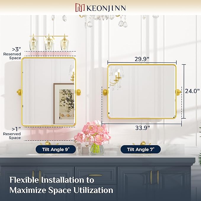 Keonjinn Pivot Mirror Bathroom, 24x30 Inch Gold Tilt Mirror Bathroom - Image 2