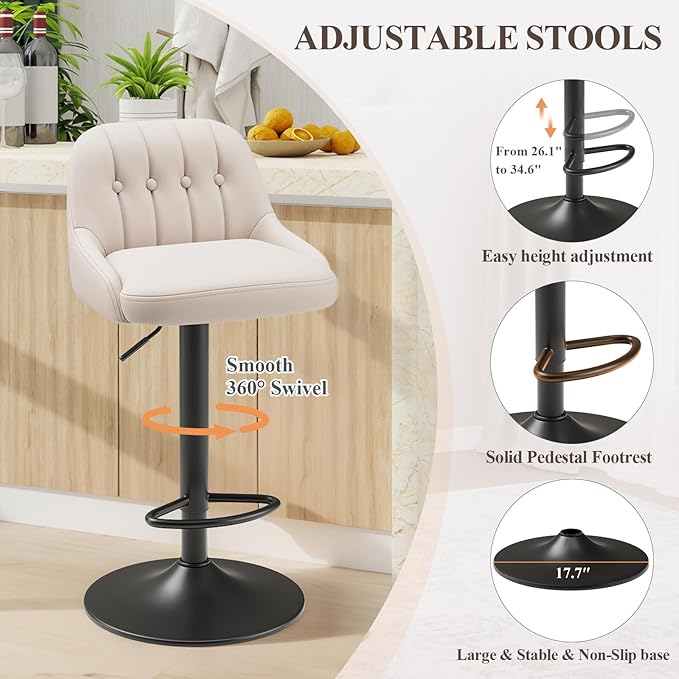 Bar Stools Set of 2, Swivel Bar Chairs, Modern Adjustable PU Leather - Image 5