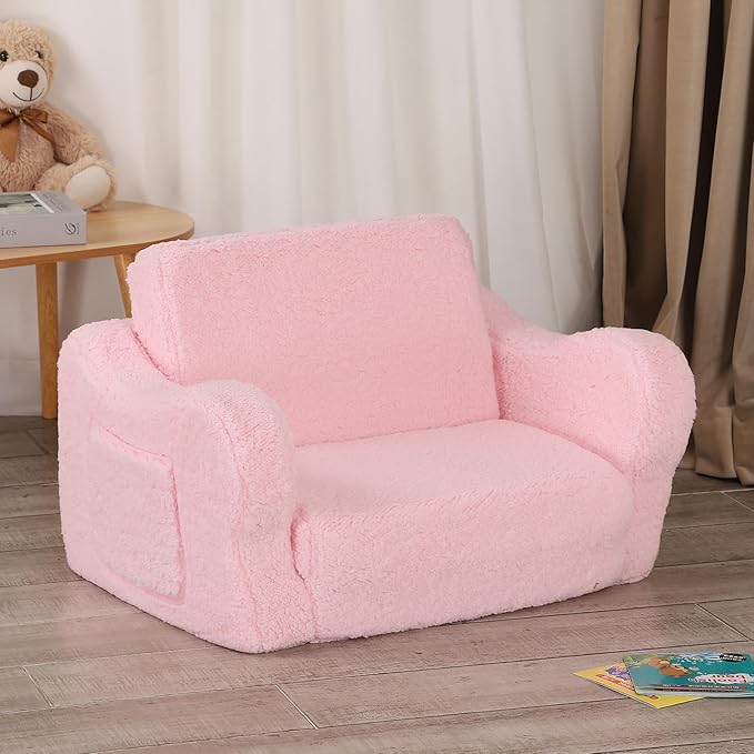 Comfy Toddler Chair, 2-in-1 Toddler Couch Fold Out, Convertible Sherpa Sofa to - Image 6