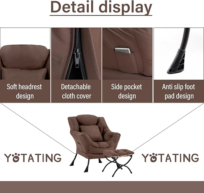 Lazy Chair with Ottoman, Comfy Reading Chair with Footstool & Pillow Modern - Image 4