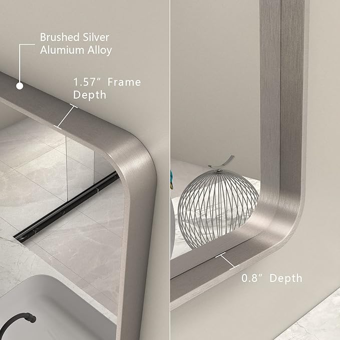 16x24 Inch Brushed Nickel Bathroom Mirror, Rounded Rectangle Silver Metal Frame - Image 2