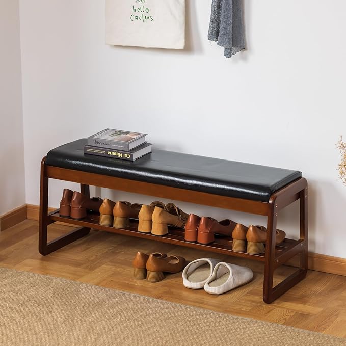 Solid Wood Shoe Bench, 2-Tier Entryway Bench - Image 3