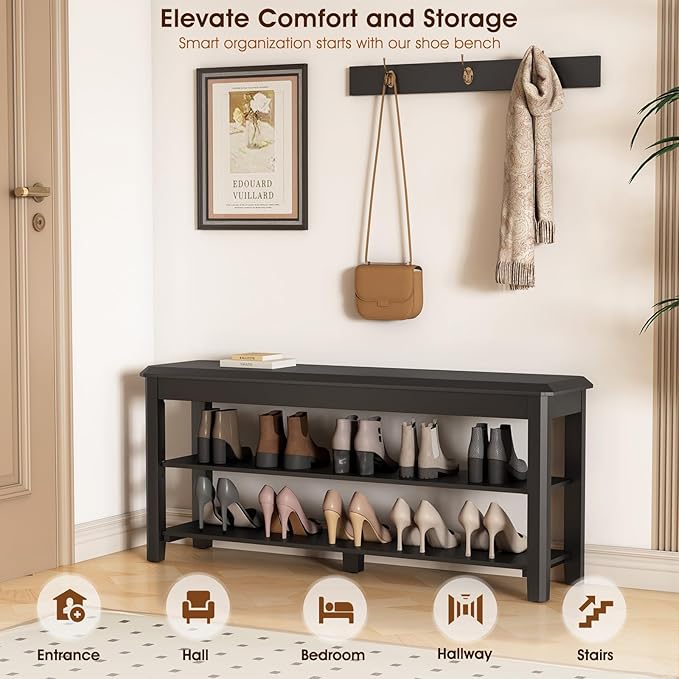 Shoe Rack Bench Seat Rubberwood 2-Tier Wooden Storage Bench 550lbs Compact - Image 3