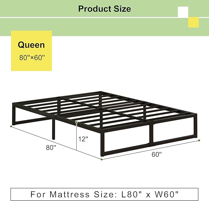 EMODA 12 Inch Queen Bed Frame No Box Spring Needed Heavy Duty Metal Platform - Image 2