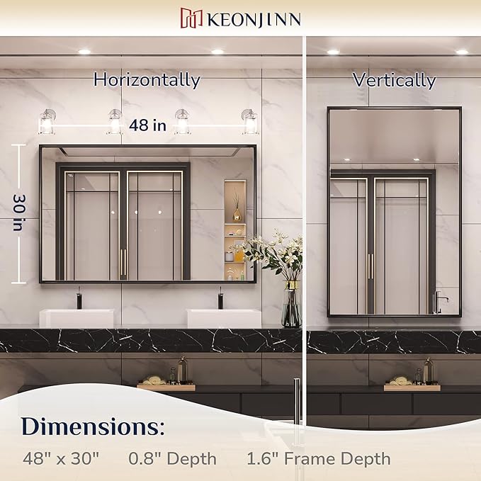 Keonjinn Black Framed Mirror for Bathroom 48 x 30 Inch Large Matte Black - Image 7