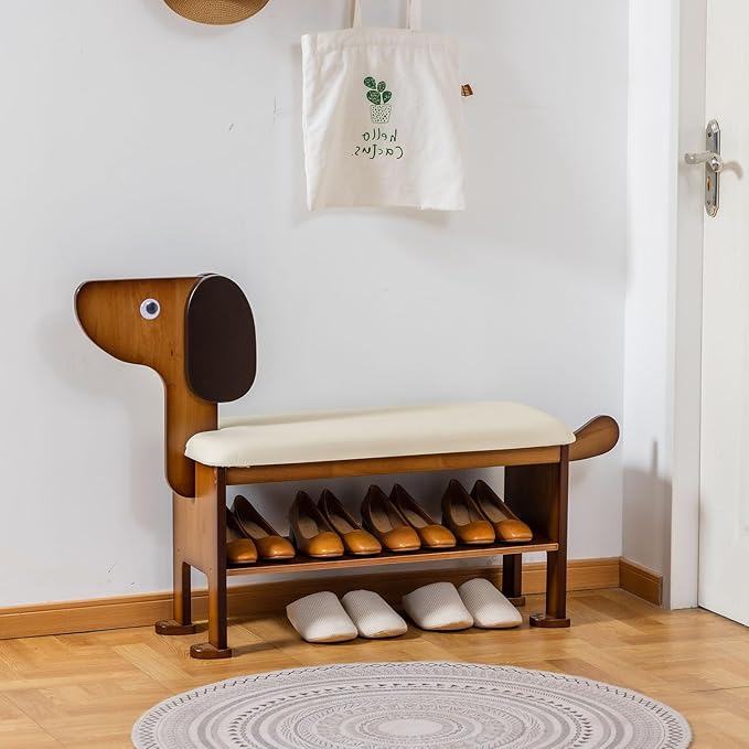Shoe Bench – 2-Tier Wooden Entryway Organizer Cute Dog-Shaped by ABAMFUR