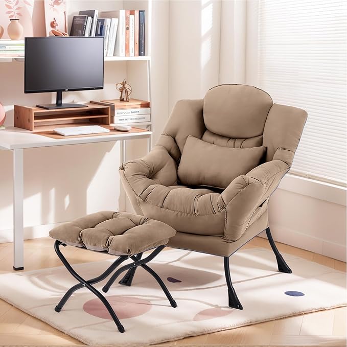 Lazy Chair with Ottoman, Modern Lounge Armchair with Lumbar Pillow, Accent Cozy - Image 7