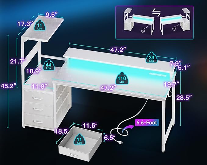 AODK 59 Inch Gaming Desk with USB Charging Ports & LED Light- Reversible - Image 3