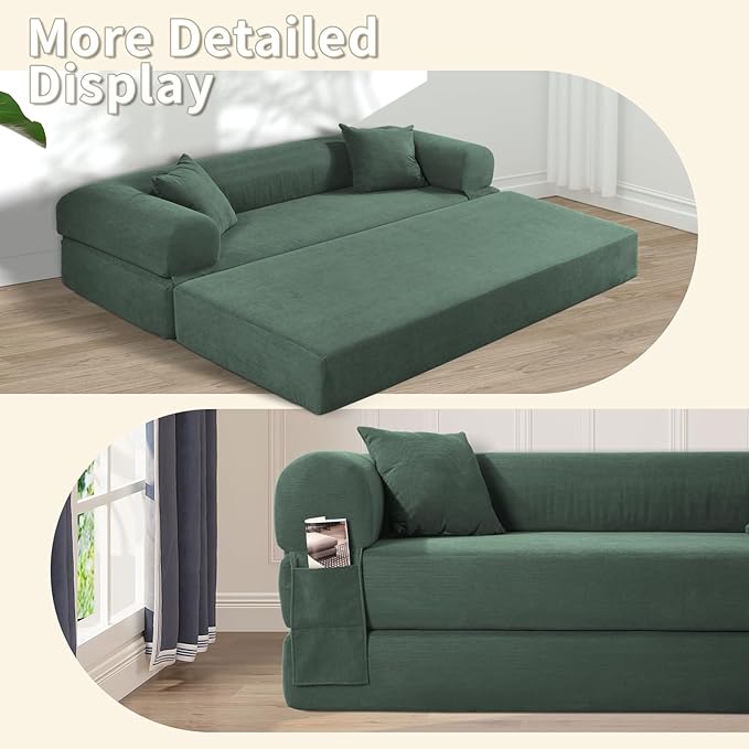 80" Convertible Sofa Bed, 3-in-1 Corduroy Folding Pull Out Couch - Image 6