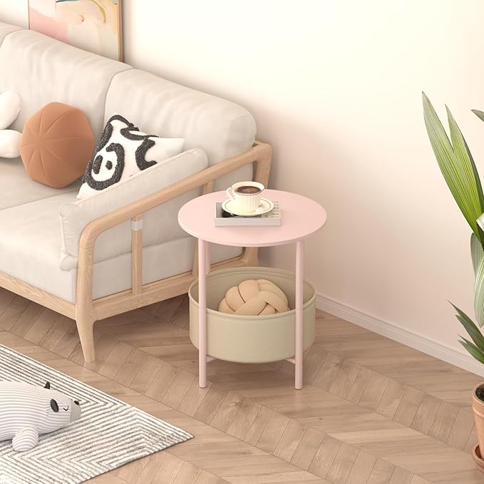 Round End Table with Fabric Basket, Bedside Table with Storage, Morden Round - Image 2