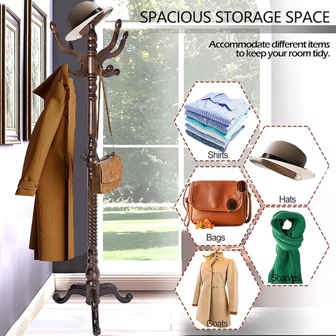Coat Racks Free Standing with 14 Hooks, Natural Wood Coat Stands - Image 4