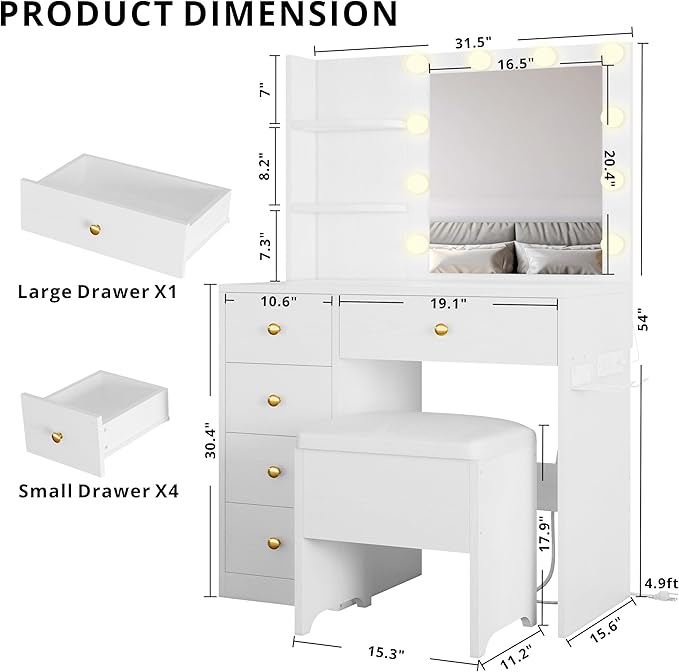 IRONCK Vanity Desk with Mirror and Lights, Small Makeup Vanity Table with 5 - Image 2