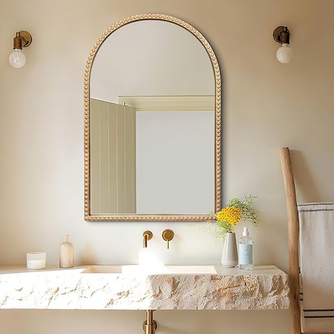 Gold Arched Mirror, Metal Beaded Frame Decorative Accent Mirror, Ornate Vintage - Image 2
