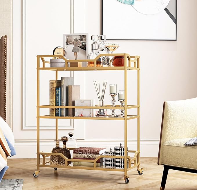 Square Gold Bar Carts with 3 Tier Storage Glass Shelves Holder Home Serving Bar by LORMITER