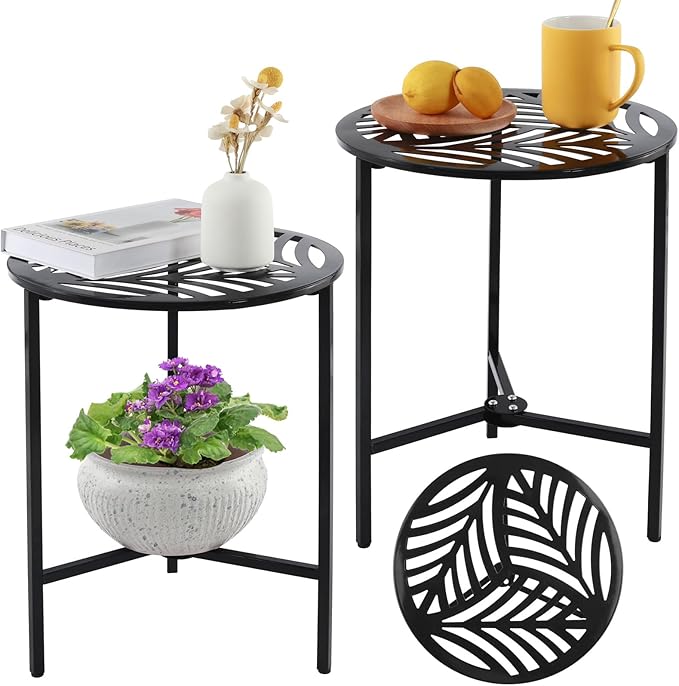 2 Packs 13" Metal Outdoor Side Tables Small Black Outside End Table by Party+Zealot