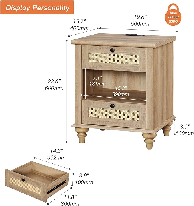 WAMPAT Rattan Nightstand Side Table - Image 2