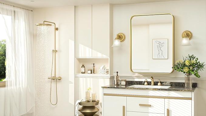 TokeShimi Bathroom Mirror for Wall 24 x 30 Inch Gold Brushed Brass Metal - Image 2