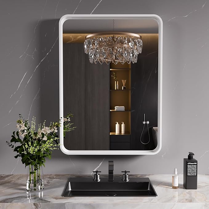 White Bathroom Mirror 20x30 Inch, Rounded Rectangle Matte Bathroom Vanity Mirror - Image 2