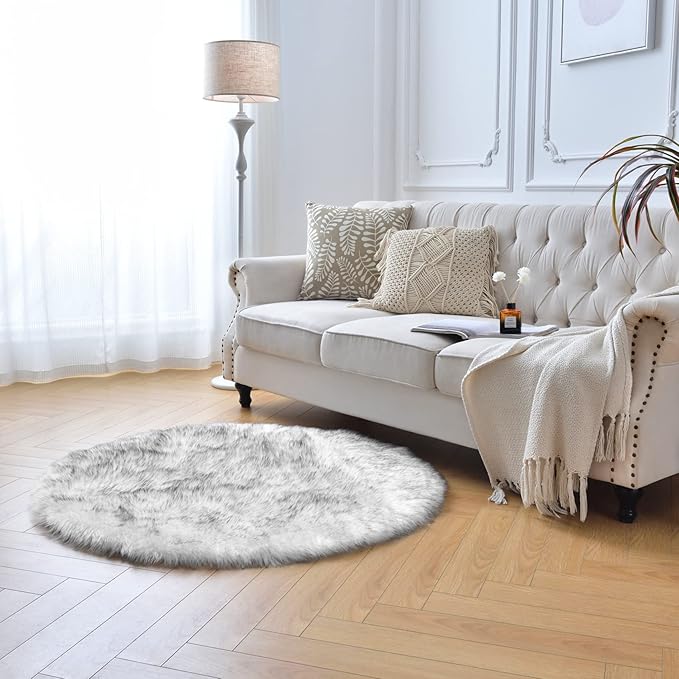 duduta White Black Faux Sheepskin Round Rug 4x4 ft, Fluffy Shag Fur Bedroom - Image 7