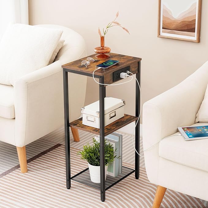 HOOBRO Tall End Table with Charging Station, 30 Inch Tall Nightstand, 3-Tier - Image 5