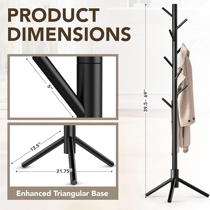 Wooden Tree Coat Rack Stand, Sturdy Freestanding Coat Rack - Image 5