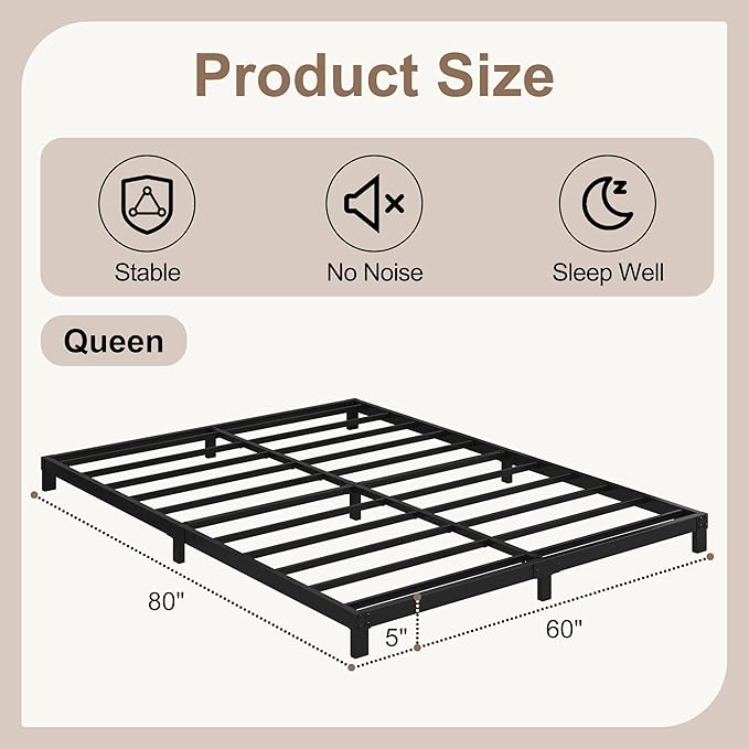 5 Inch Low Queen Bed Frame, Heavy Duty Bed Frame Queen Size Low Profile - Image 2