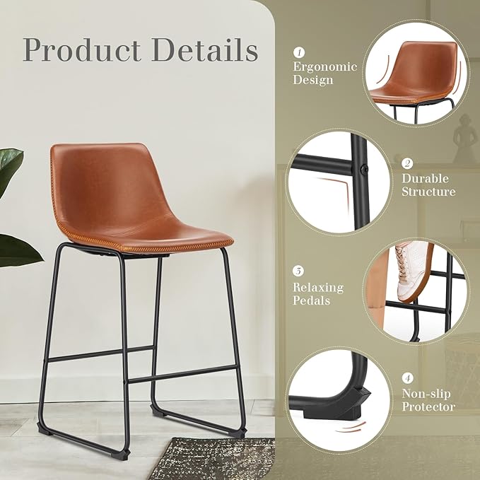 DUMOS 26 Inch Counter Height Bar Stools Set of 2, Modern Faux Leather High - Image 5