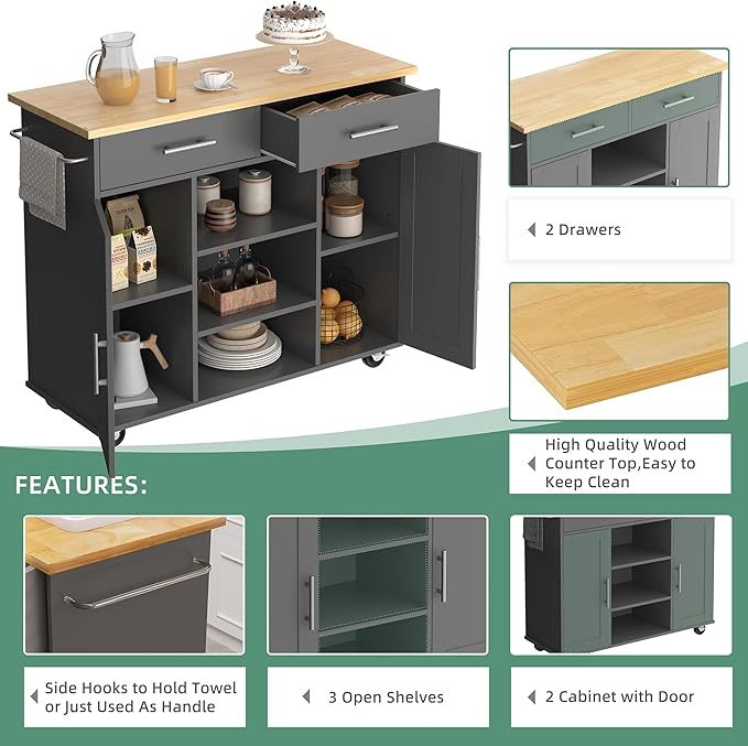 Shintenchi Kitchen Island with Storage, Kitchen Island Cart on Wheels with 3 - Image 6