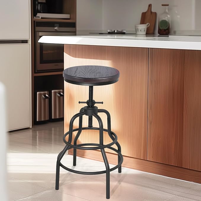 LOKKHAN Vintage Industrial Bar Stool-Rustic Swivel Bar Stool-Round Walnut Wood - Image 6