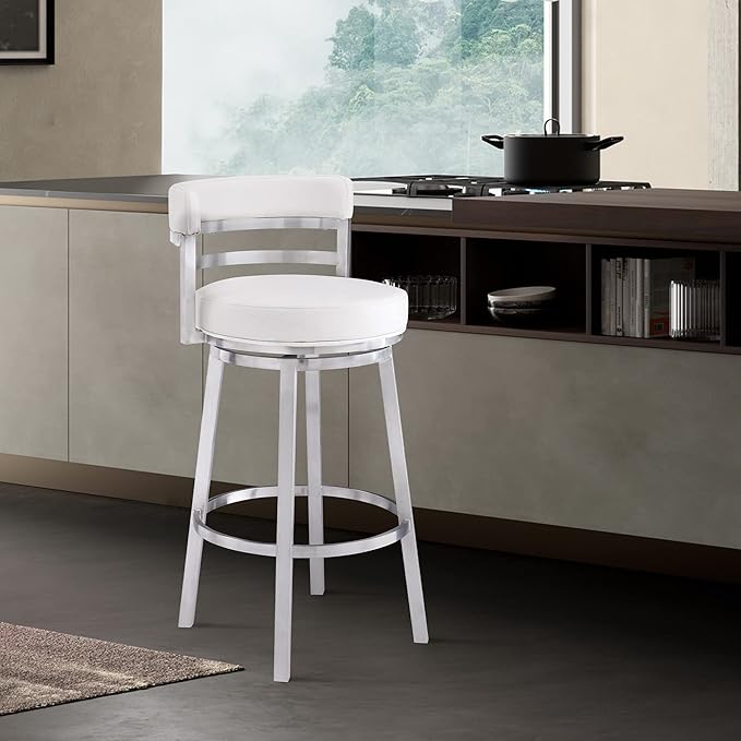 Armen Living Titana 30" Bar Height Swivel White Faux Leather and Brushed - Image 2