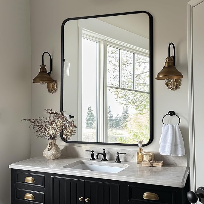 Bathroom Mirror, Rectangular Aluminum Alloy Frame Contemporary Hanging Mirror - Image 2