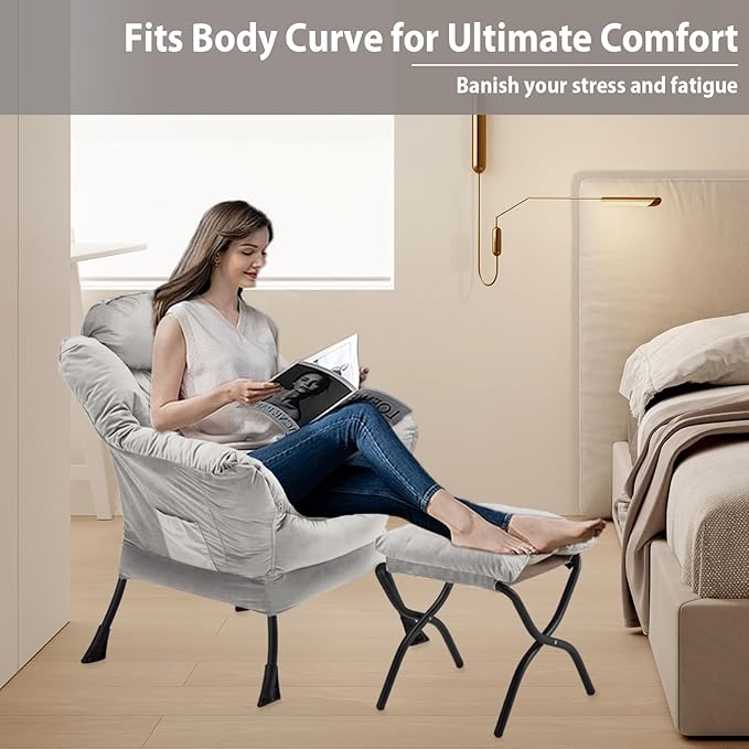 Lazy Chair with Folding Ottoman, Accent Chair Velvet Upholstered with Metal - Image 5