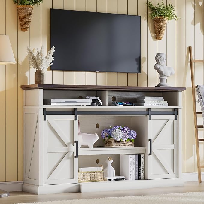 66" Farmhouse TV Stand for 75 Inch TVs, Rustic Media Console Table Storage by LUXOAKAddMoreStyletoHome