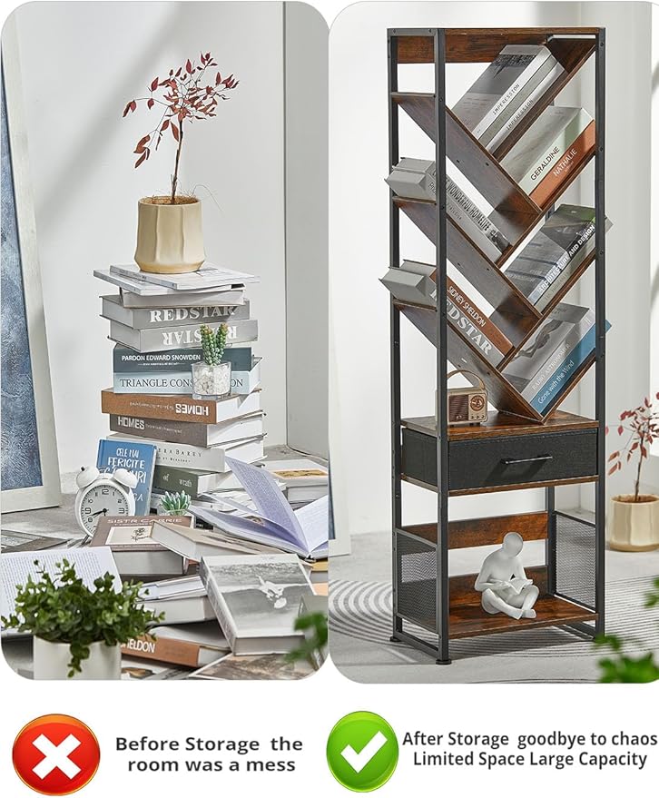 Bookshelf with Drawer, 10 Tier Tree Bookcase Retro Floor Standing Bookshelves - Image 4