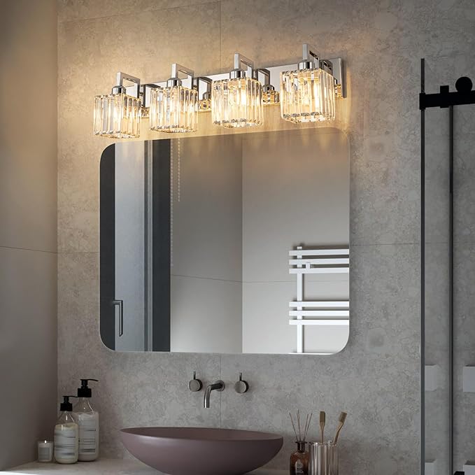 Modern Bathroom Vanity Light 4-Lights Chrome Crystal Wall Lamp Bathroom Modern - Image 2