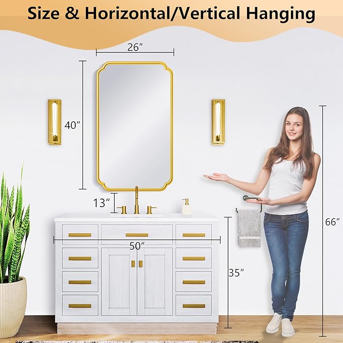 26"x40" Rustproof Bathroom Mirror Gold, Round Corner Metal Frame Wall Mirror - Image 4