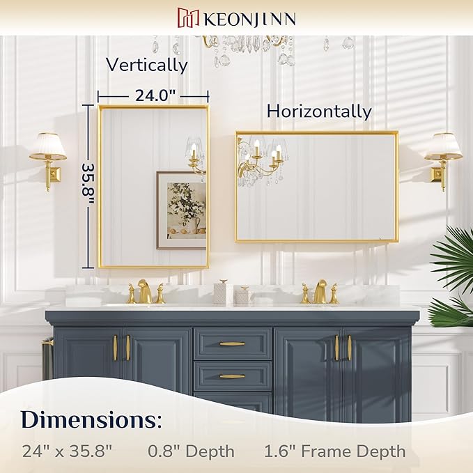 Keonjinn 24 x 36 Inch Brushed Gold Bathroom Mirror Gold Wall Mounted Vanity - Image 8