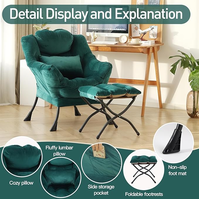 Lazy Chair with Ottoman, Modern Accent Chair with Lumbar Pillow, Comfy Chairs - Image 6