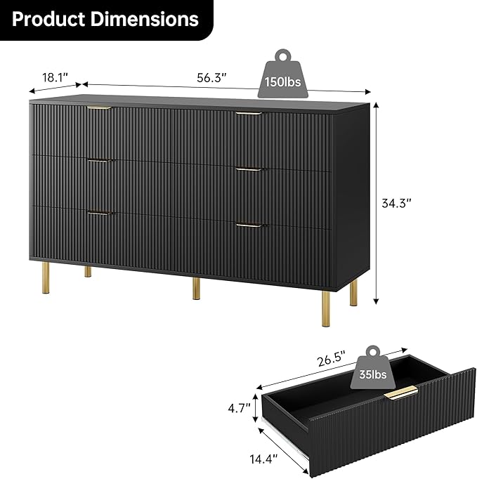 GarveeHome Black Dresser, Modern 6 Drawer Dresser - Image 2