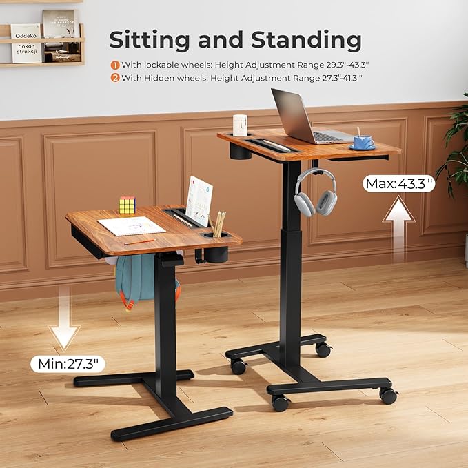 Mobile Standing Desk with Drawer, Portable Laptop Workstation on Wheels - Image 4